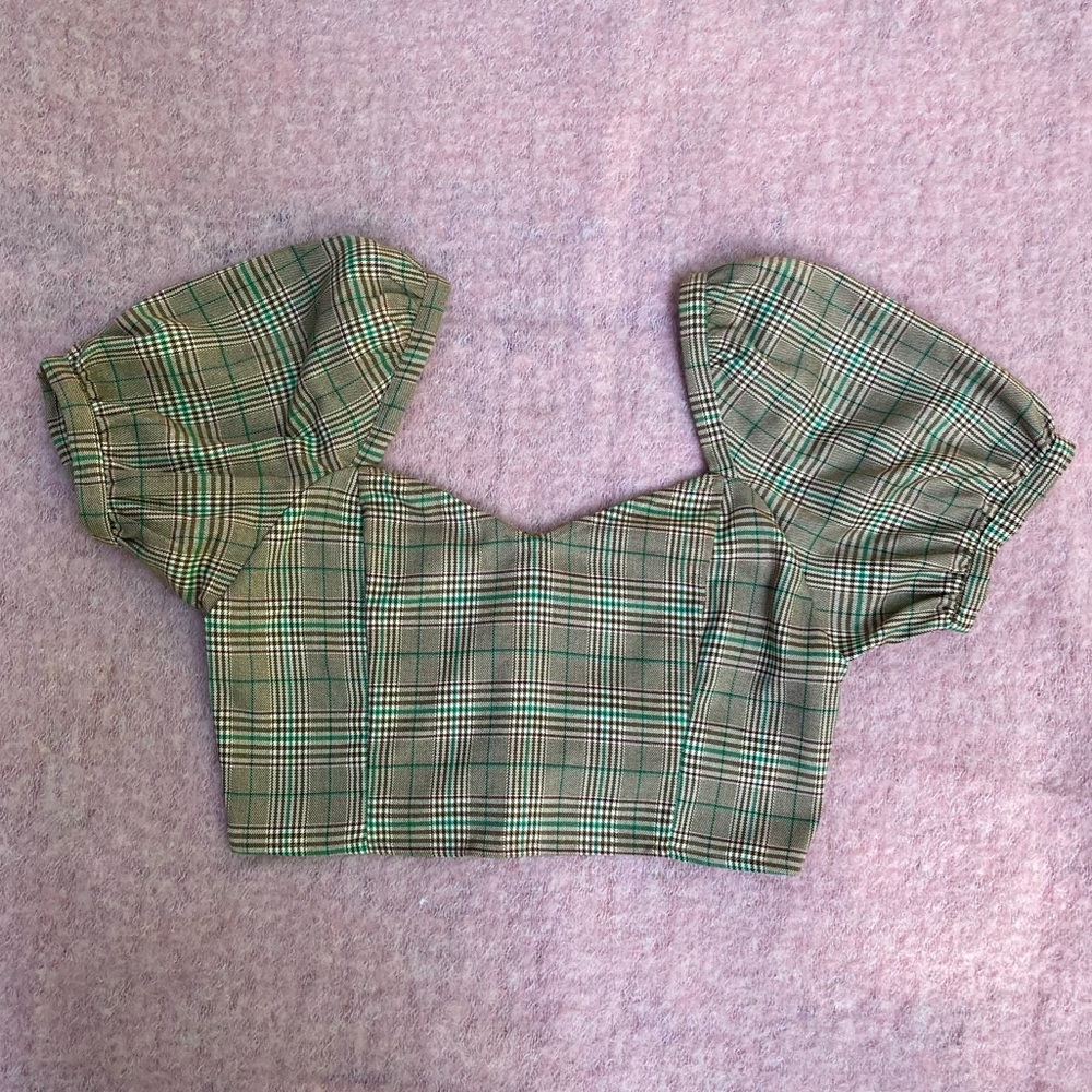 Samantha Pleet Plaid Puff-Sleeve Crop Top